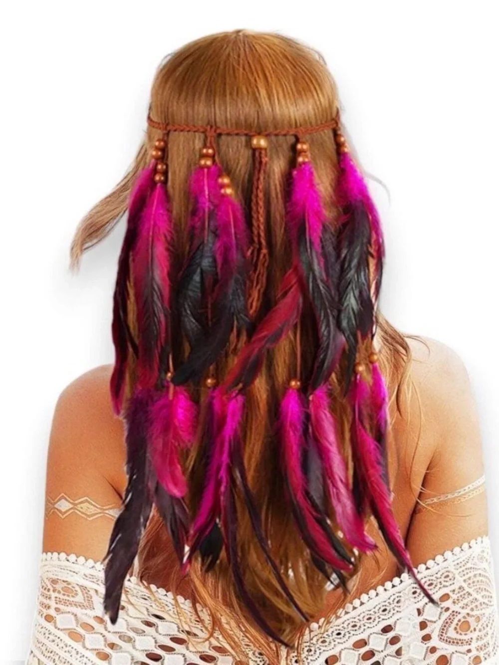 Pink Black Feathers Long Headband Hair Piece Boho Festival